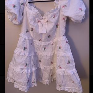 Flower embroidered white dot detail dress